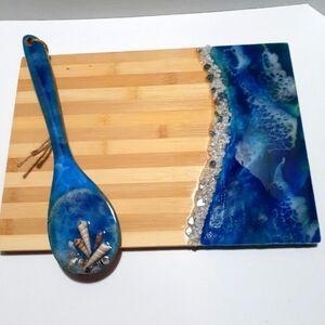 Blue Ocean Resin Cutting Board and Spoon Set